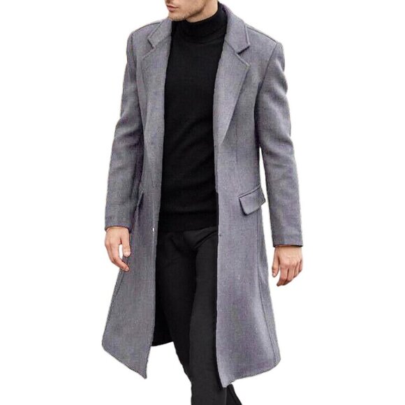 Men's Grey Slim Fit Casual Trench Coat Notched Collar Pea Coat with Pockets